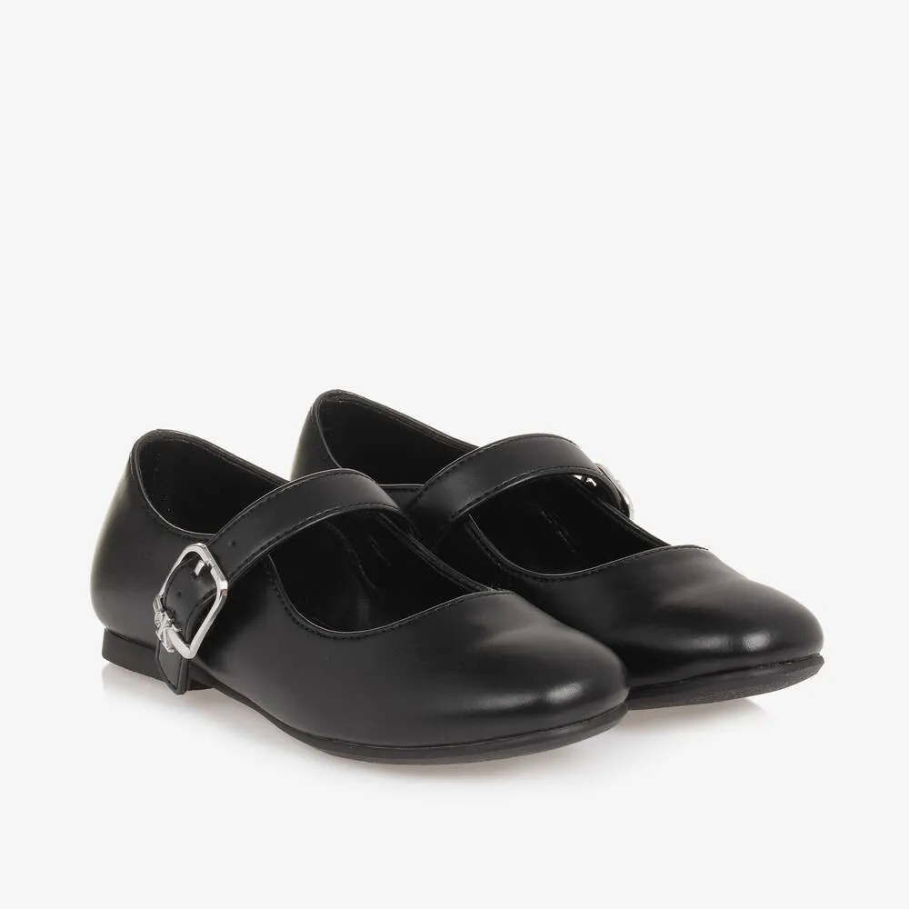 Girls Black Faux Leather Buckle Pumps