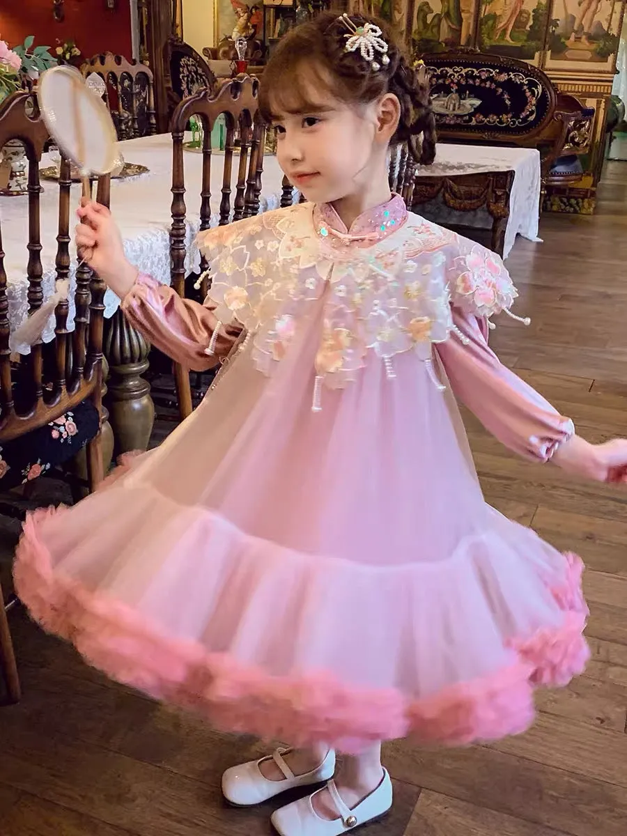 Girls Dress Autumn 2023 New Style Children's Mesh Princess Dress Little Girl Chinese Style Hanfu Skirt