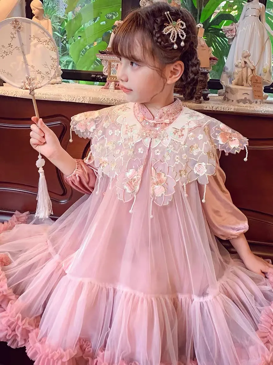 Girls Dress Autumn 2023 New Style Children's Mesh Princess Dress Little Girl Chinese Style Hanfu Skirt