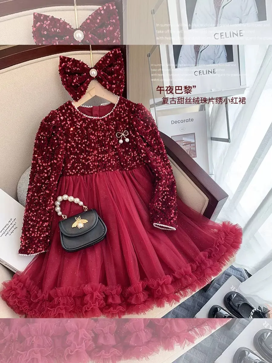 Girls Dress Autumn and Winter New Style Internet Celebrity Children's Sequin Princess Dress Girl Red Bow Dress