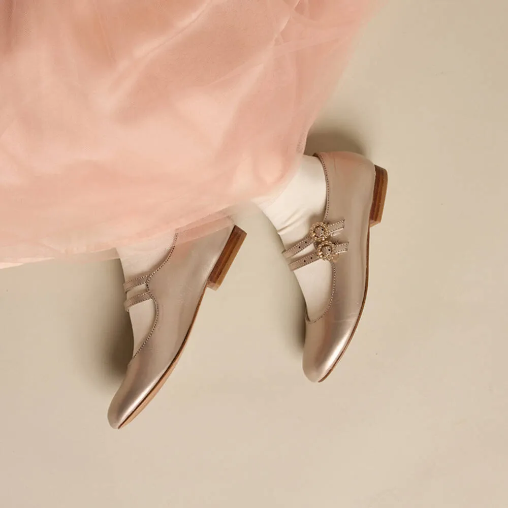 Girls Gold Buckle Ballerina Pumps