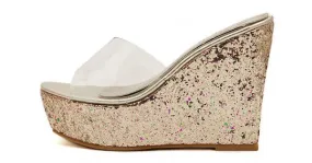 Gold Glitter Transparent Platforms Wedges Bridal Sandals