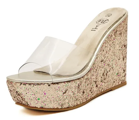 Gold Glitter Transparent Platforms Wedges Bridal Sandals