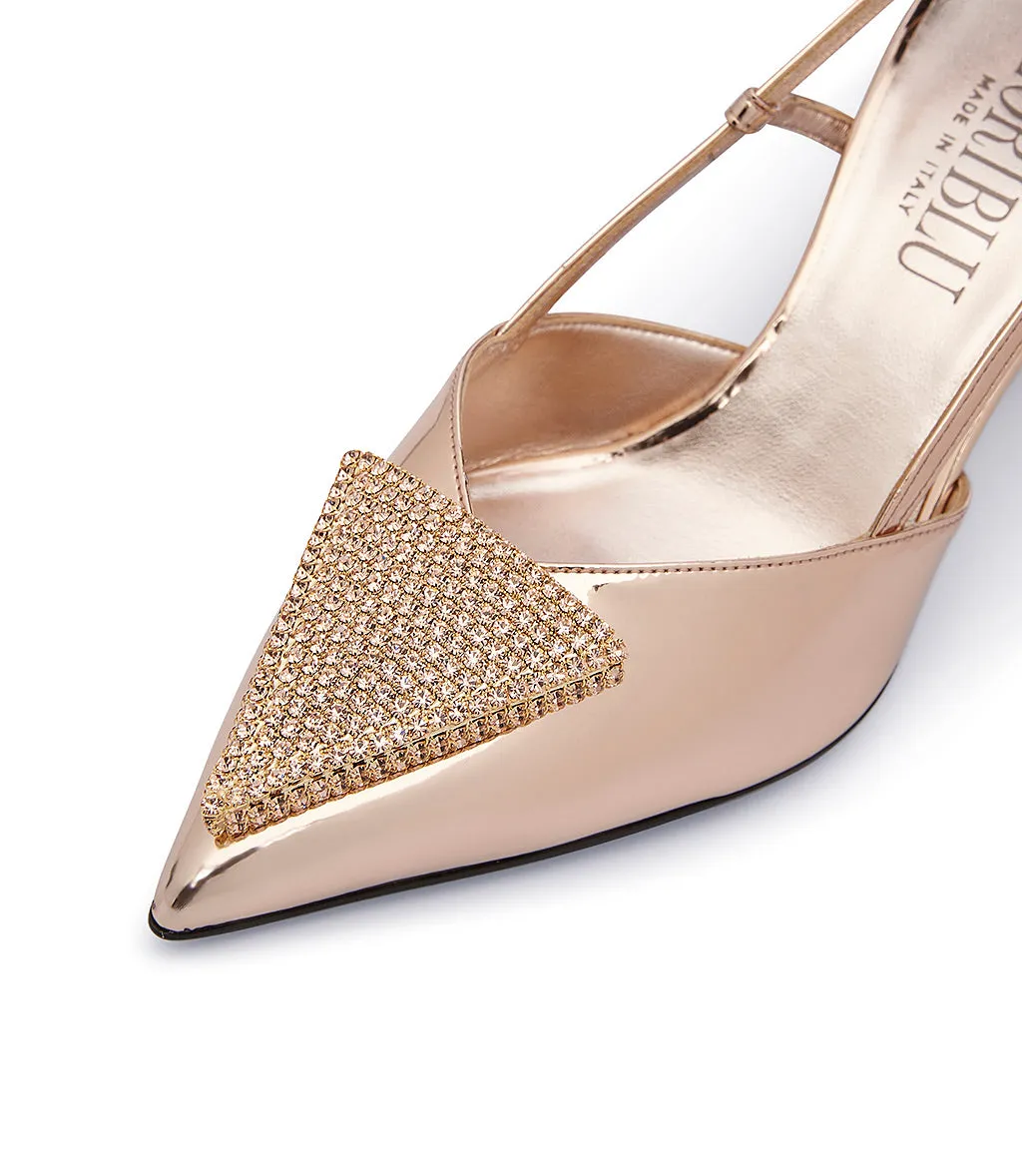 Gold laminated leather slingback pumps.