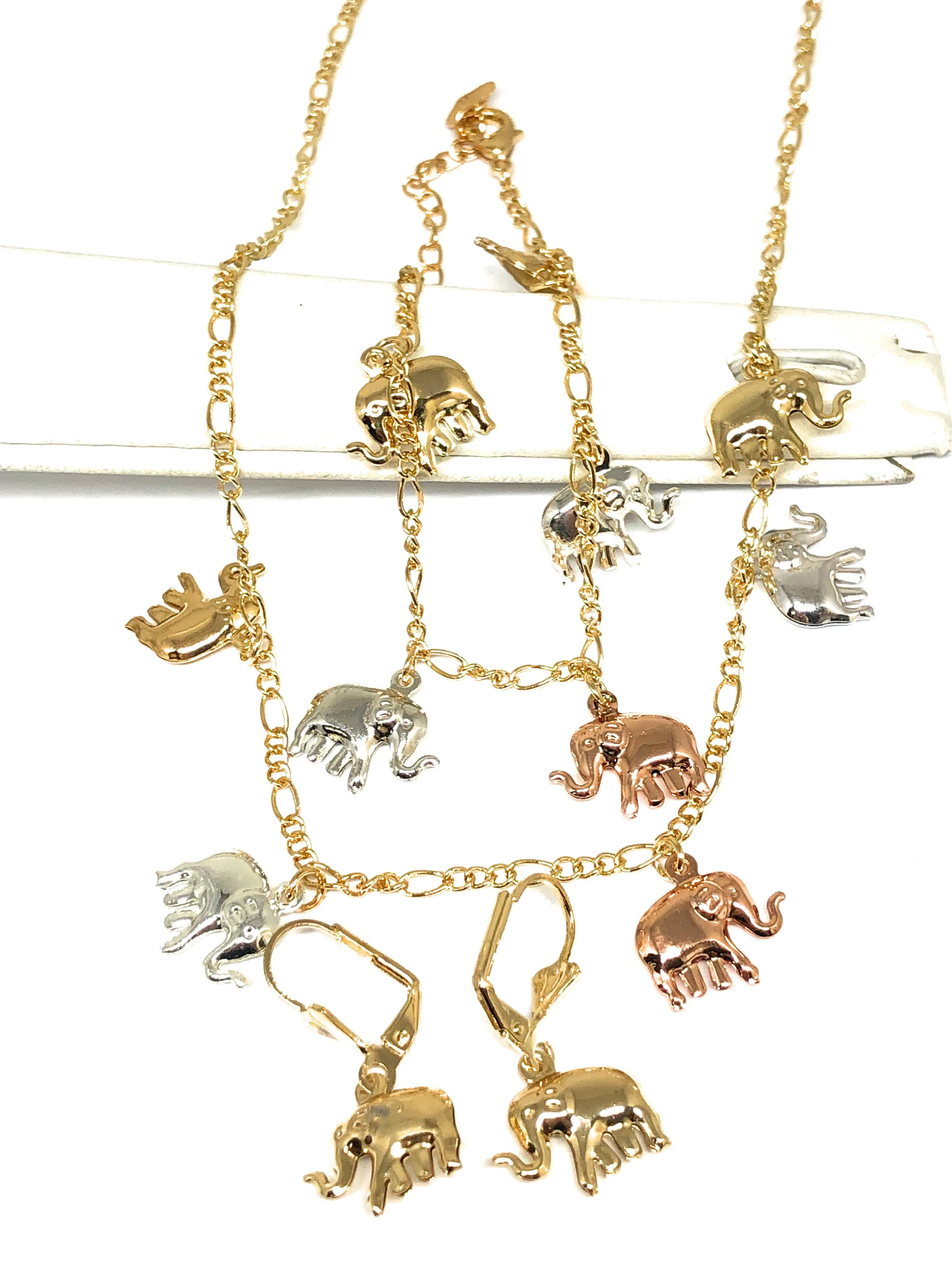 Gold Plated Tri-Color Elephant Charm SET (NECKLACE, EARRINGS, BRACELET)