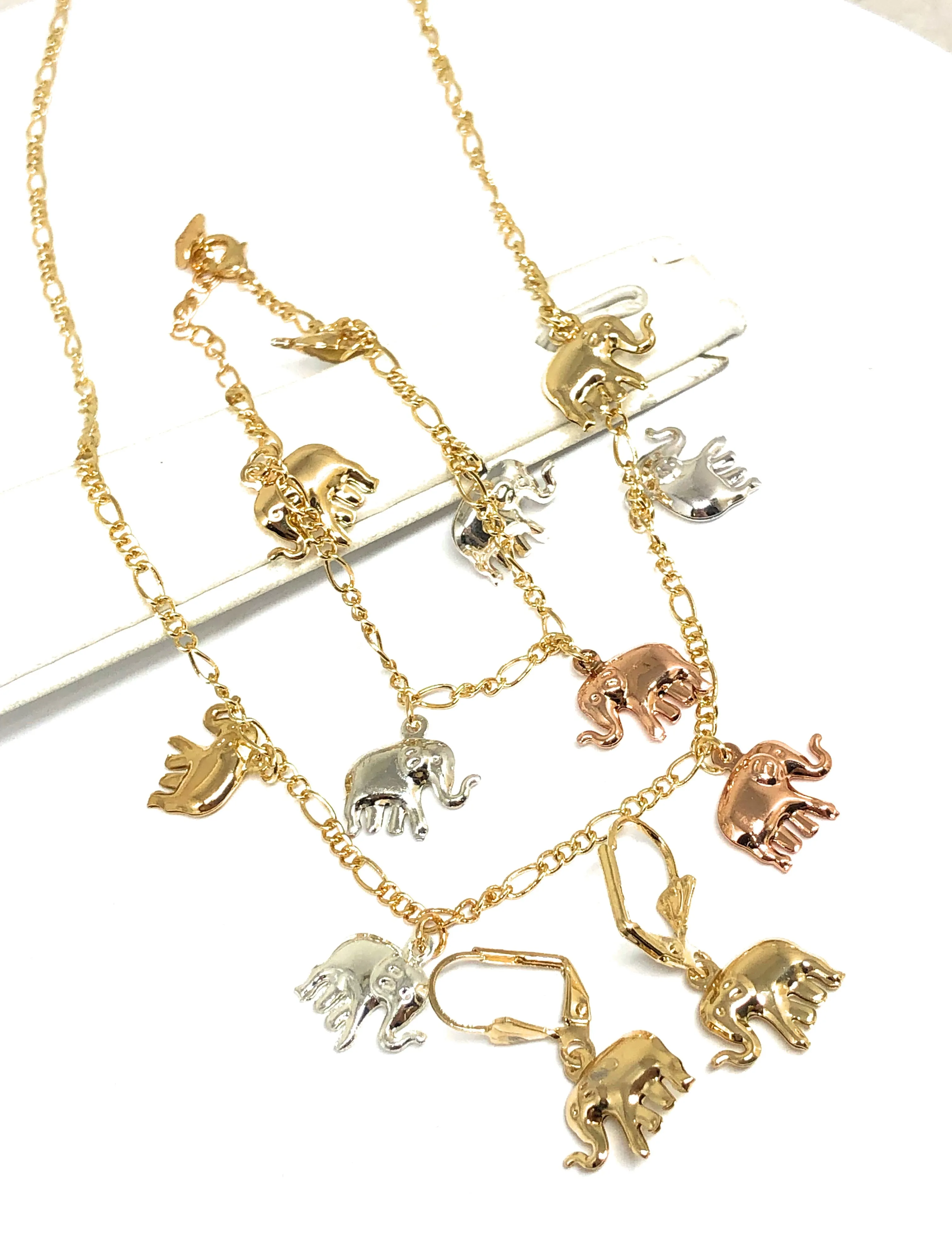 Gold Plated Tri-Color Elephant Charm SET (NECKLACE, EARRINGS, BRACELET)