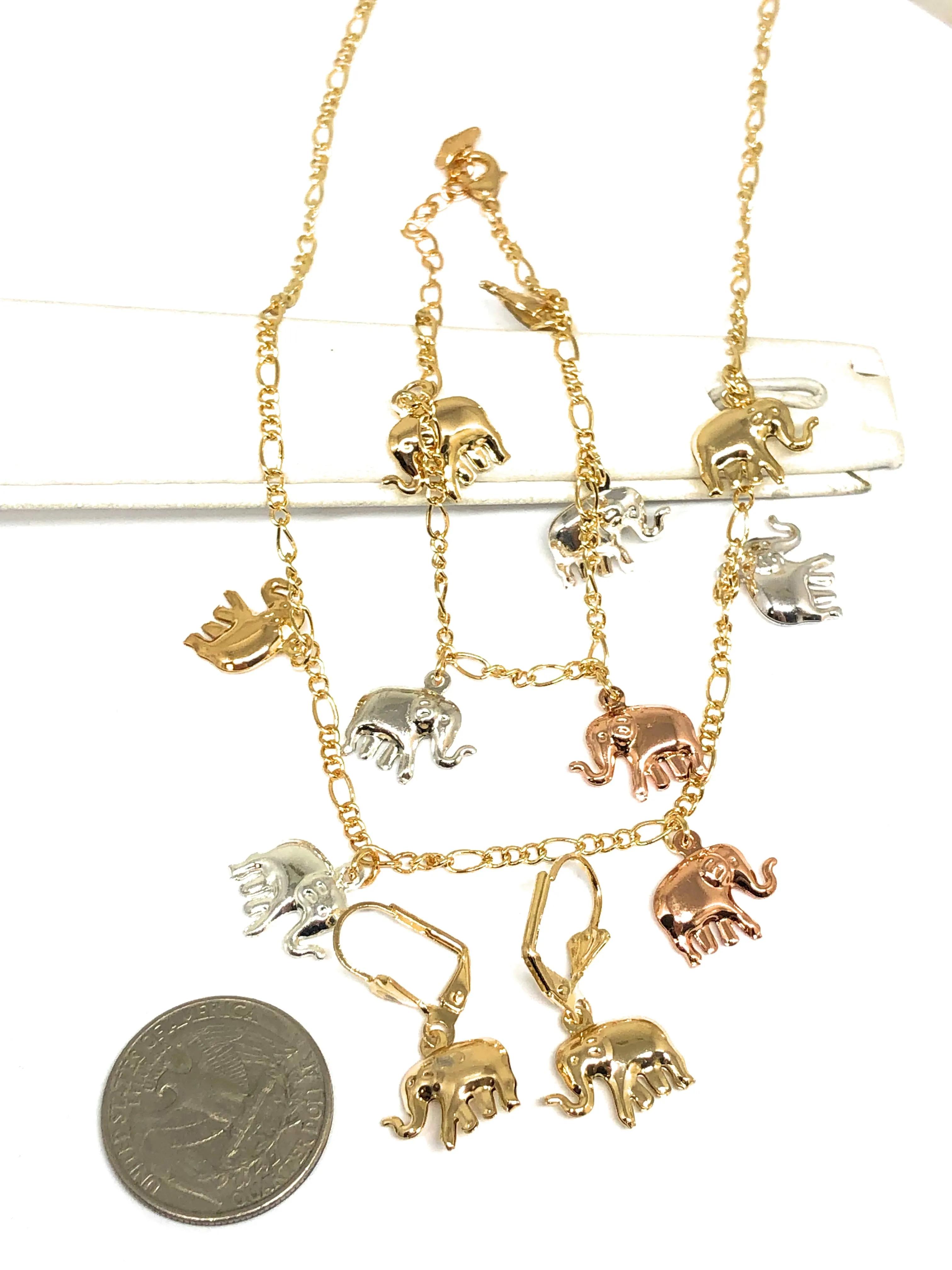 Gold Plated Tri-Color Elephant Charm SET (NECKLACE, EARRINGS, BRACELET)