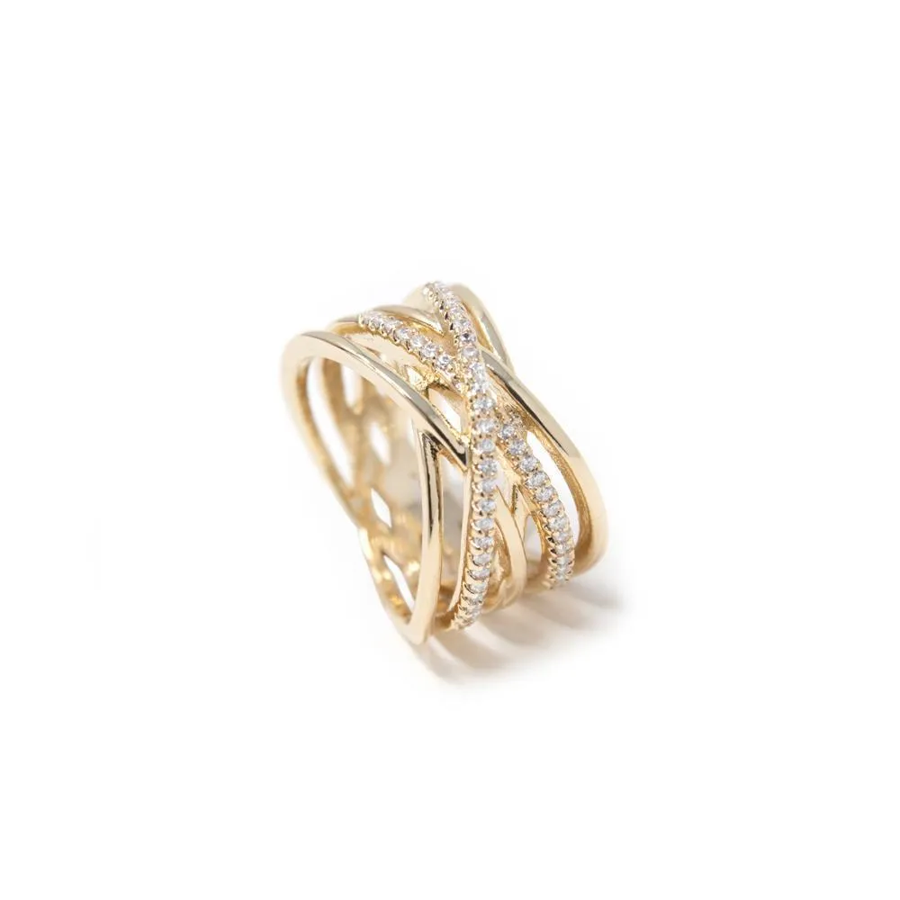 Gold Tone Multi Row Crossover Ring - CZ