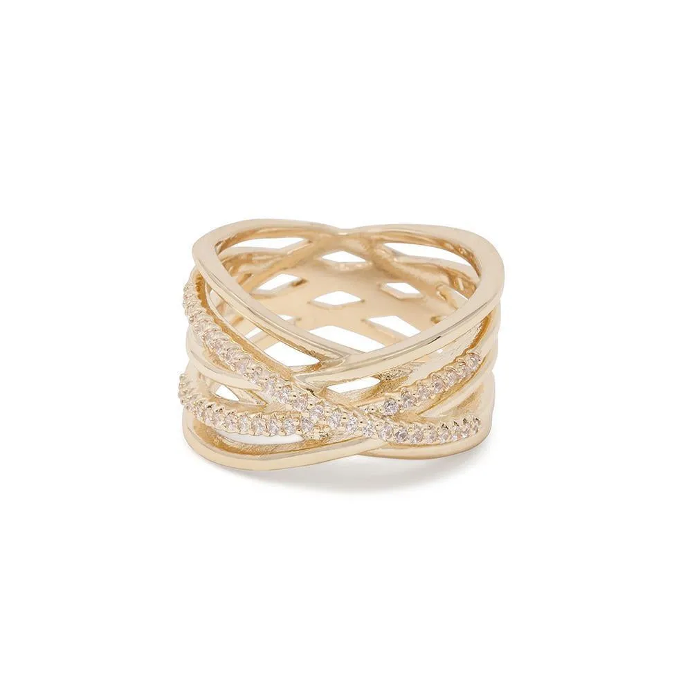 Gold Tone Multi Row Crossover Ring - CZ