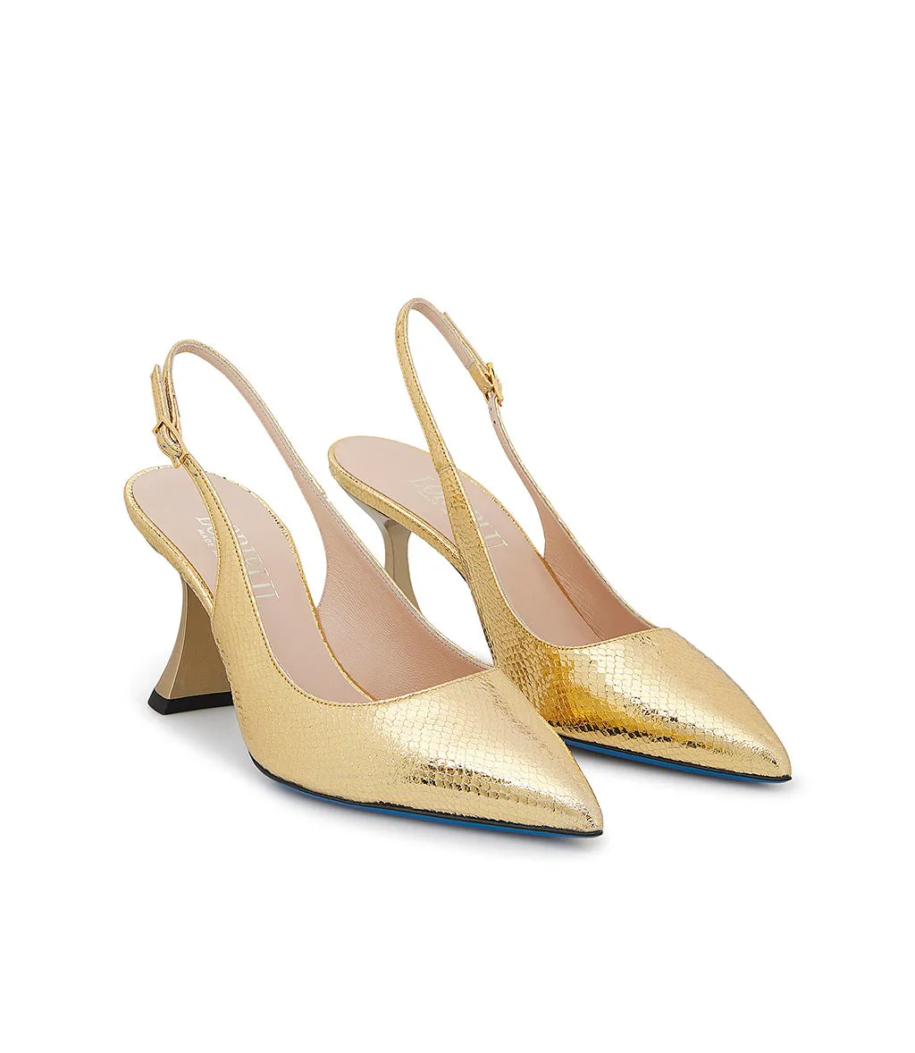 Gold-tone printed leather slingback pumps