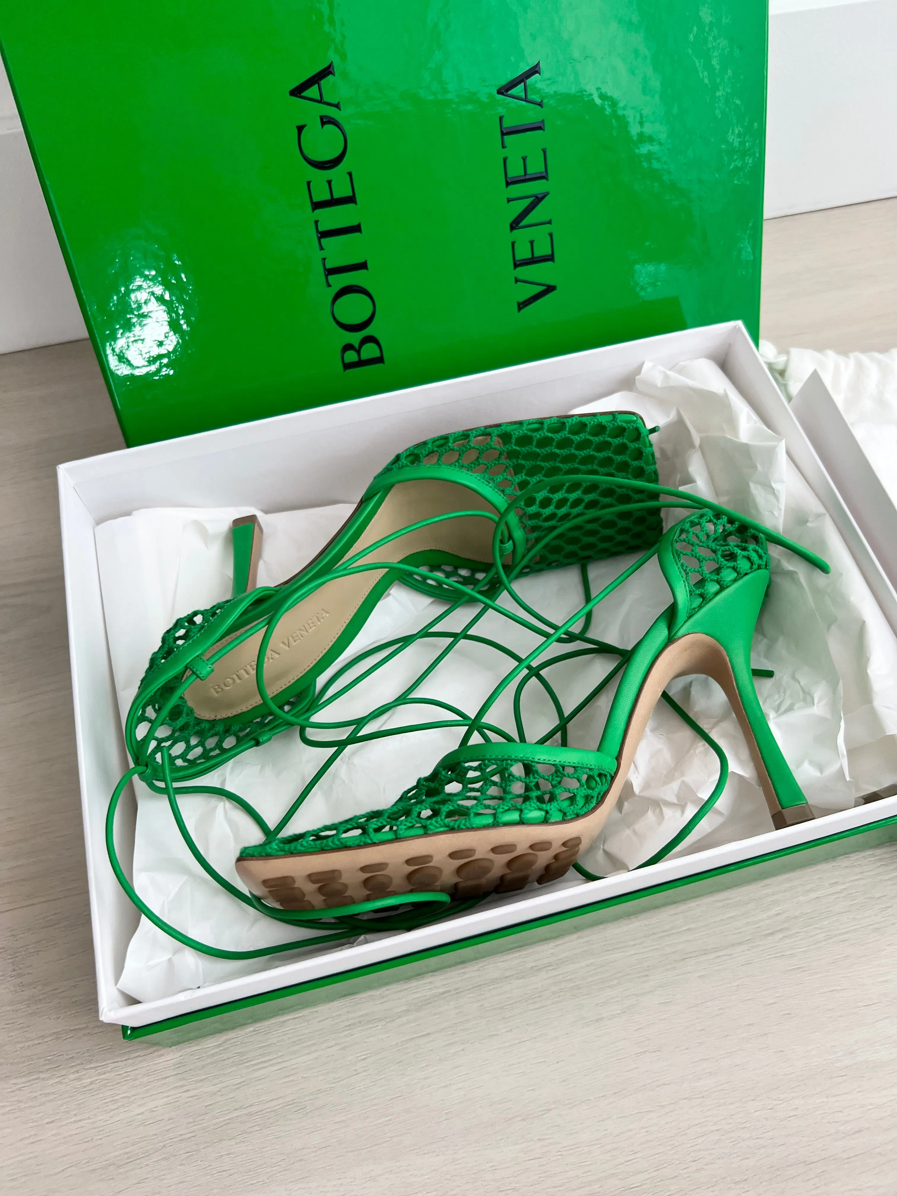 Green Stretch Heels by Bottega Veneta.