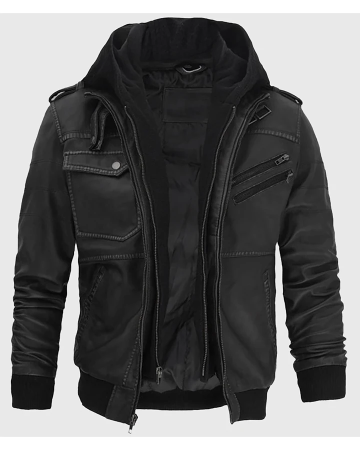 Hooded Bomber Leather Jacket by Jacey