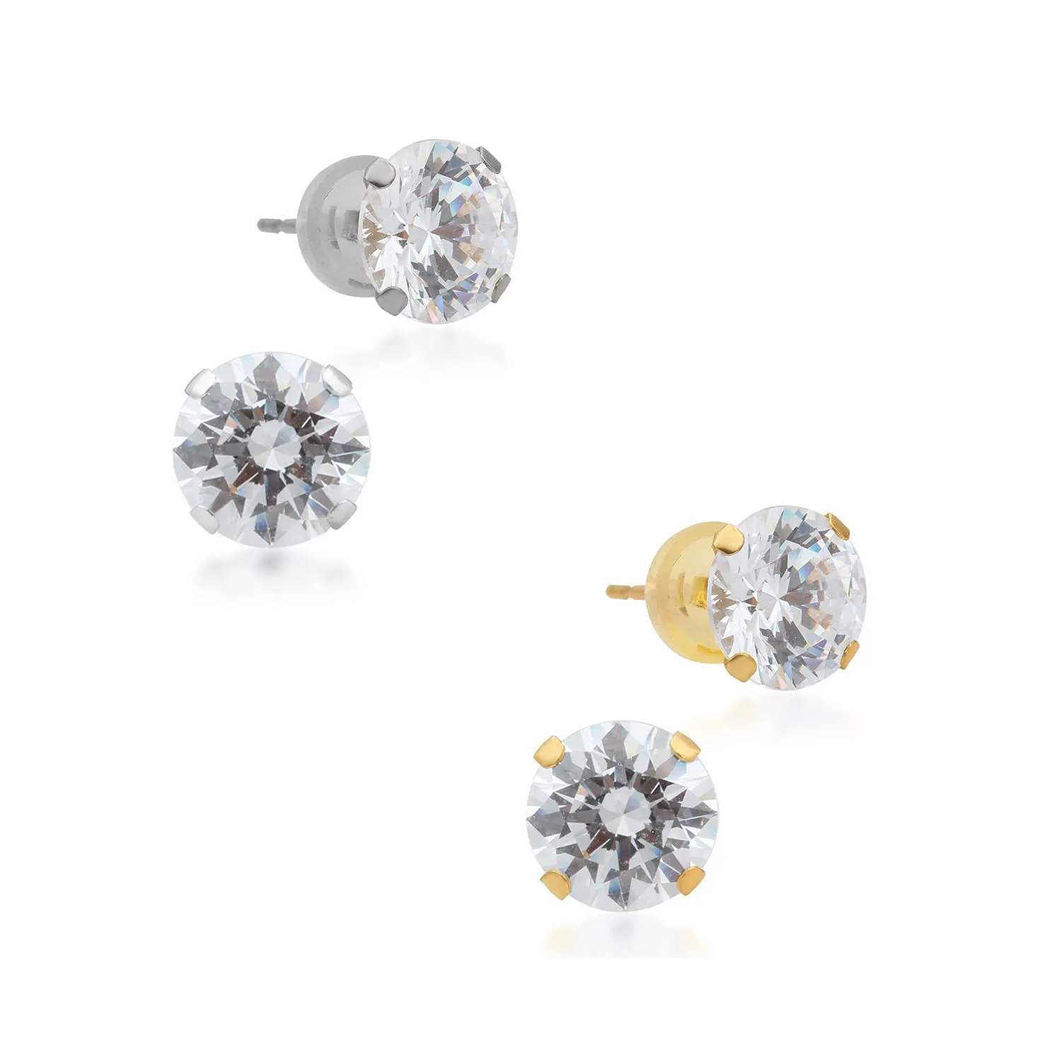 Jewelili 10K White and Yellow Gold With Cubic Zirconia Stud Earrings Box Set