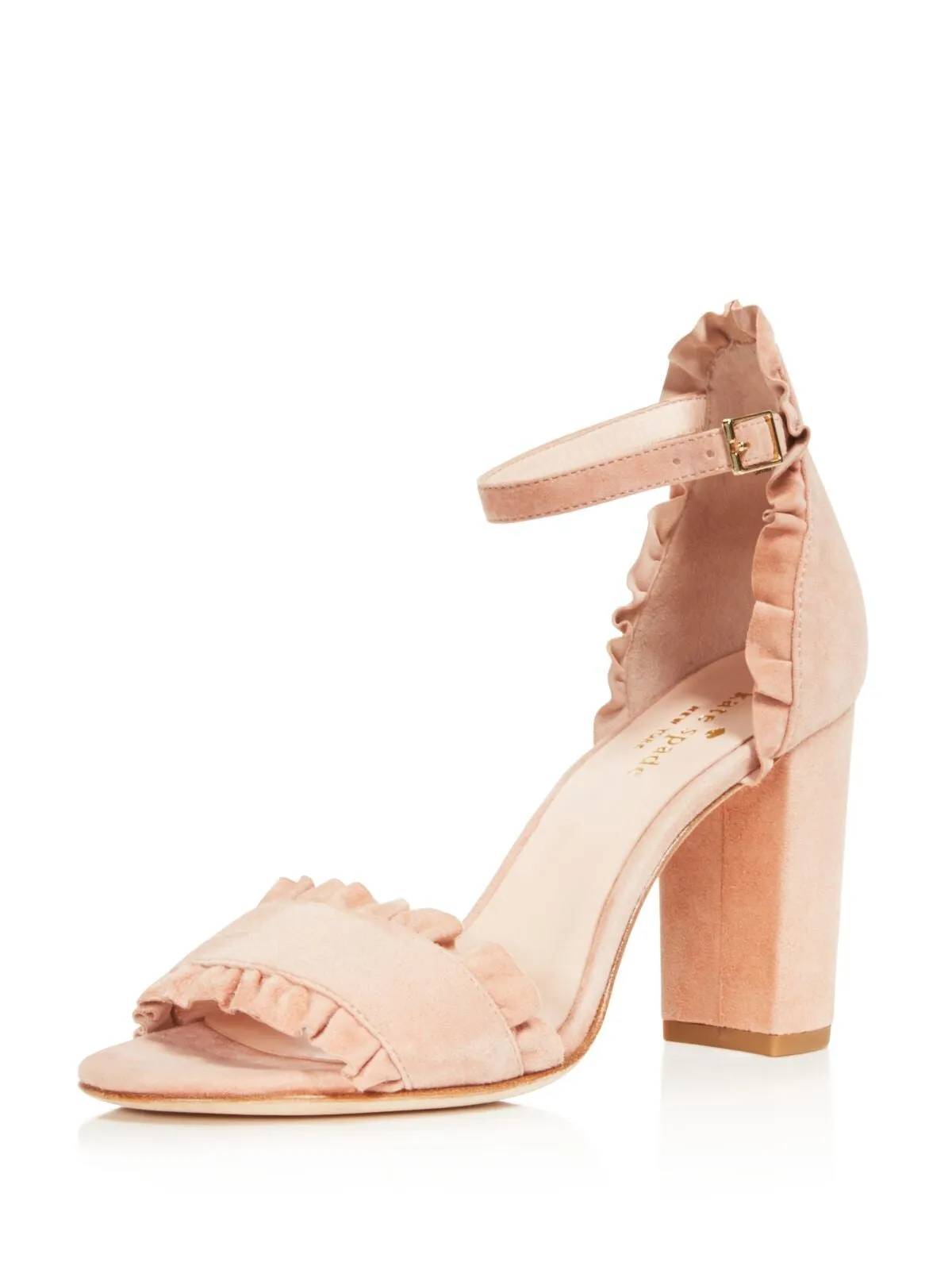 KATE SPADE NEW YORK Womens Pink Padded Adjustable Ruffled Ankle Strap Odele Round Toe Block Heel Buckle Suede Sandals Shoes M