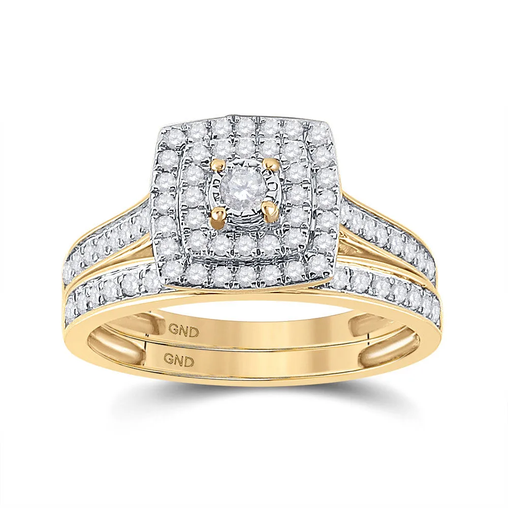 Keene Jewelers 10kt Yellow Gold Round Diamond Halo Bridal Wedding Ring Band Set 1/2 Cttw