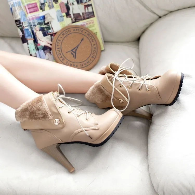 Khaki Lace Up High Heel Combat Boots with Platforms