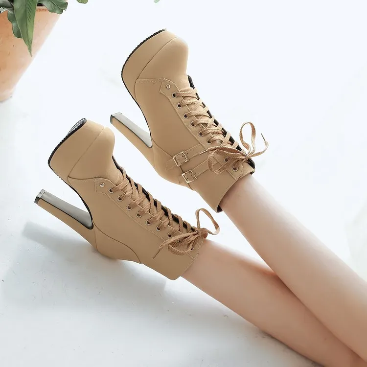 Khaki Punk Rock Lace Up High Top High Heels Platforms Boots Shoes