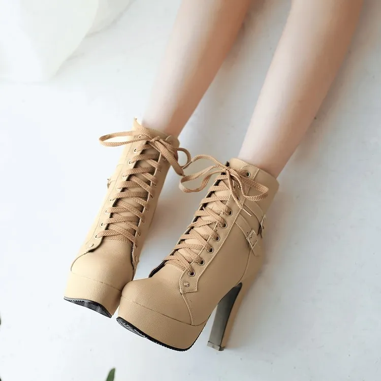 Khaki Punk Rock Lace Up High Top High Heels Platforms Boots Shoes