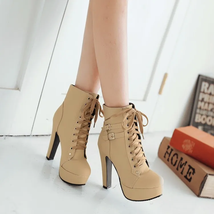 Khaki Punk Rock Lace Up High Top High Heels Platforms Boots Shoes