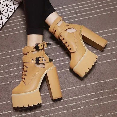 High Heels Platforms Boots - Khaki Strap Buckles Chunky Sole