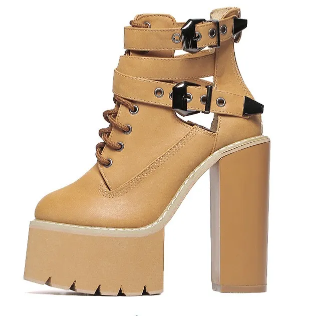 High Heels Platforms Boots - Khaki Strap Buckles Chunky Sole