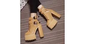 High Heels Platforms Boots - Khaki Strap Buckles Chunky Sole