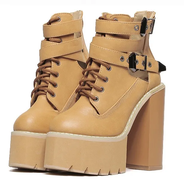 High Heels Platforms Boots - Khaki Strap Buckles Chunky Sole