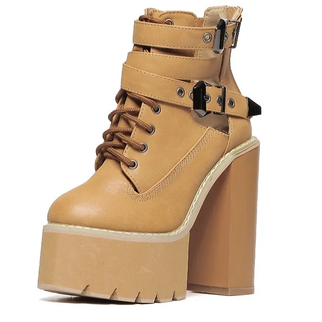 High Heels Platforms Boots - Khaki Strap Buckles Chunky Sole