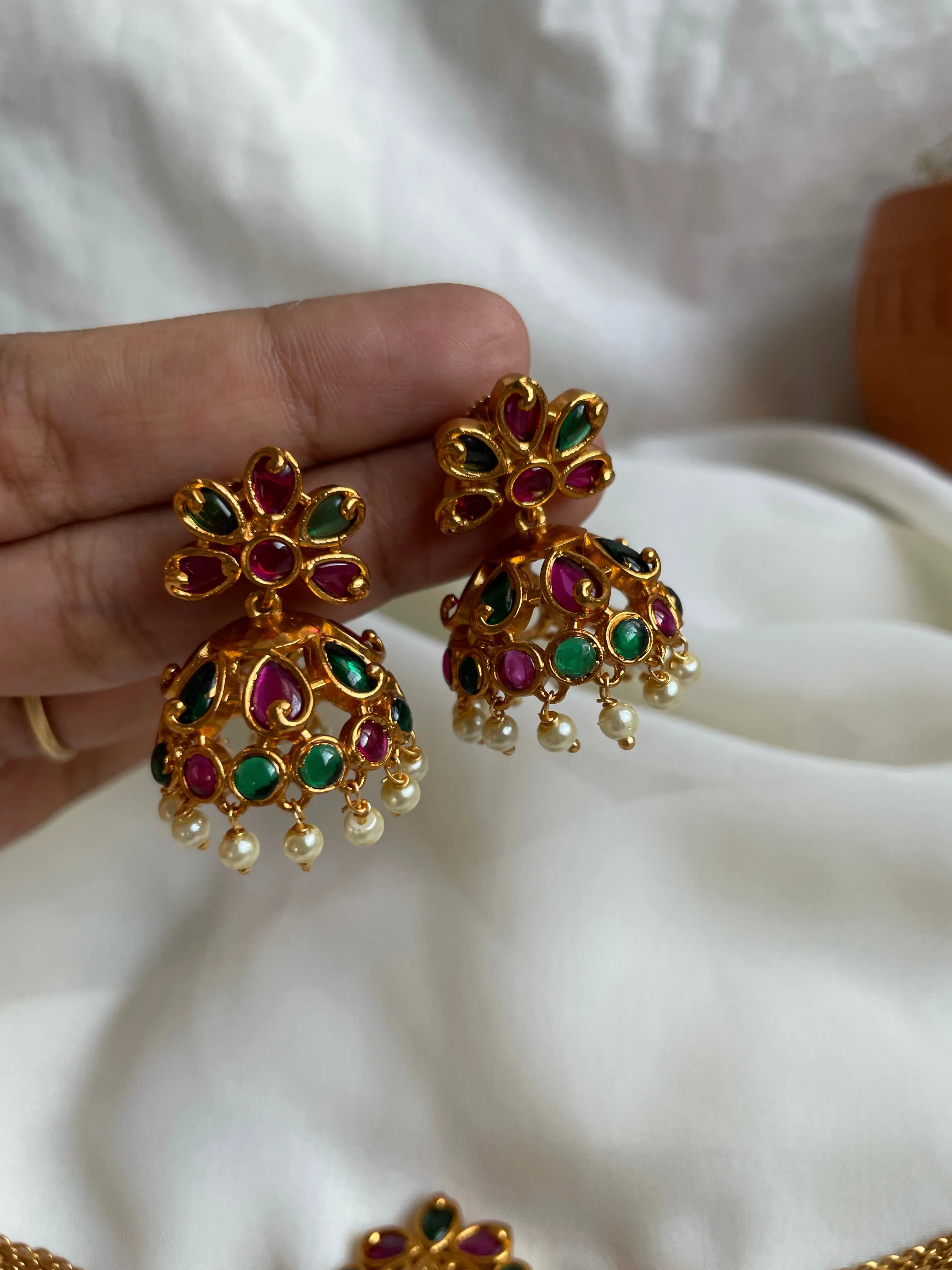 Kid friendly kemp Lakshmi necklace with Jhumkas