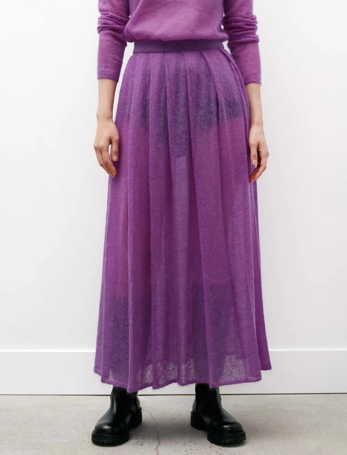 Kid Mohair Sheer Knit Pleated Skirt - Purple