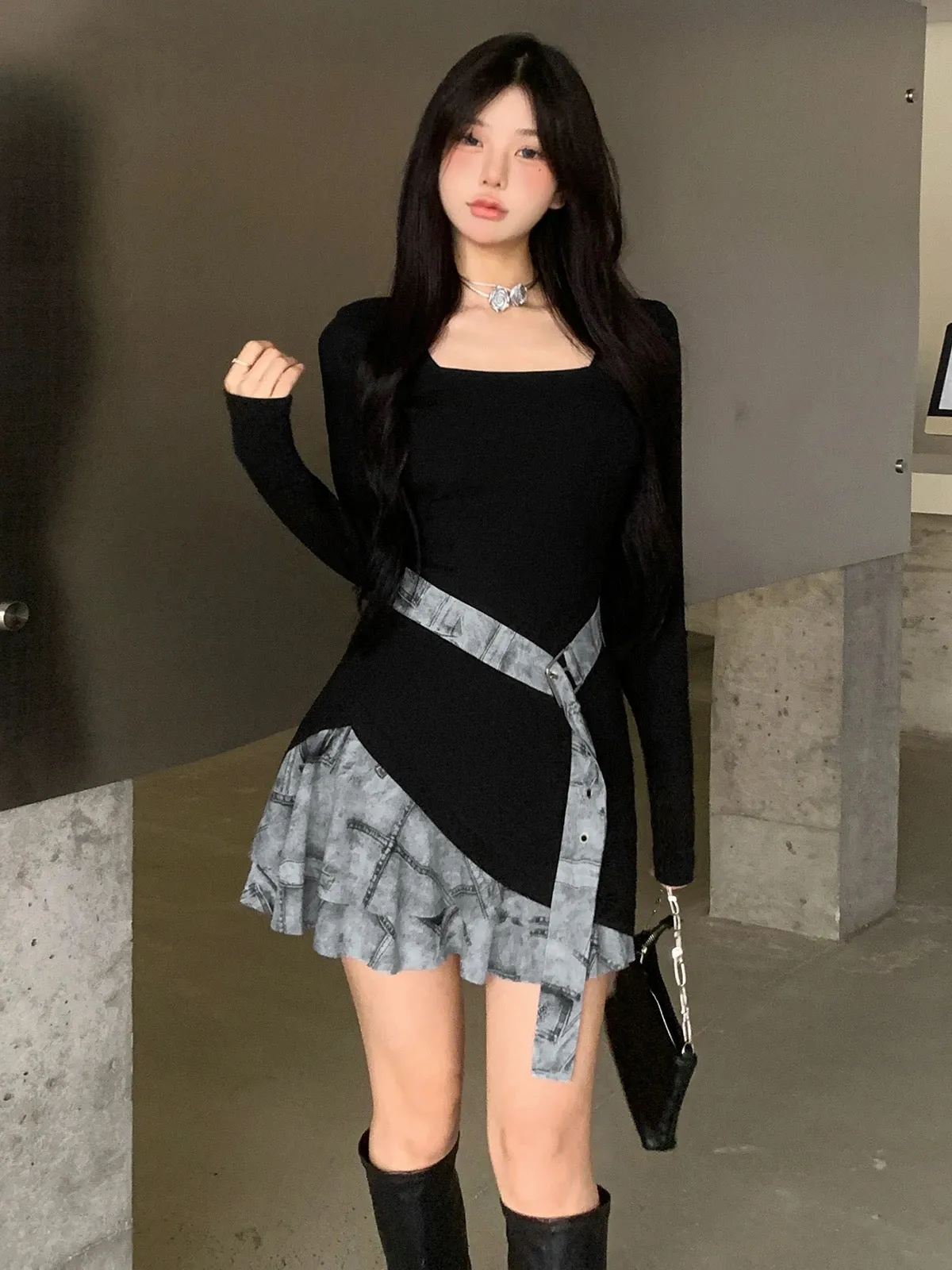 KLIOU salt style daughter style retro contrasting color splicing square neck dress feminine waist slimming hot girl short skirt