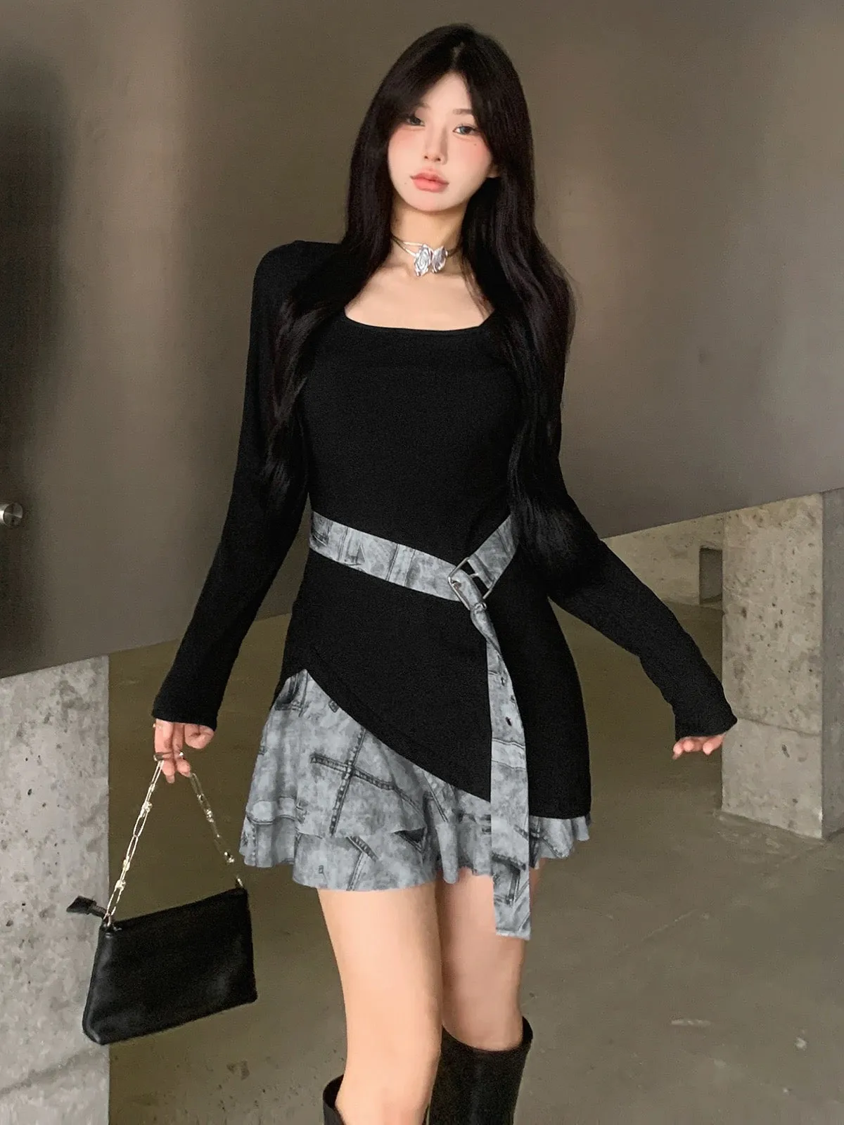 KLIOU salt style daughter style retro contrasting color splicing square neck dress feminine waist slimming hot girl short skirt