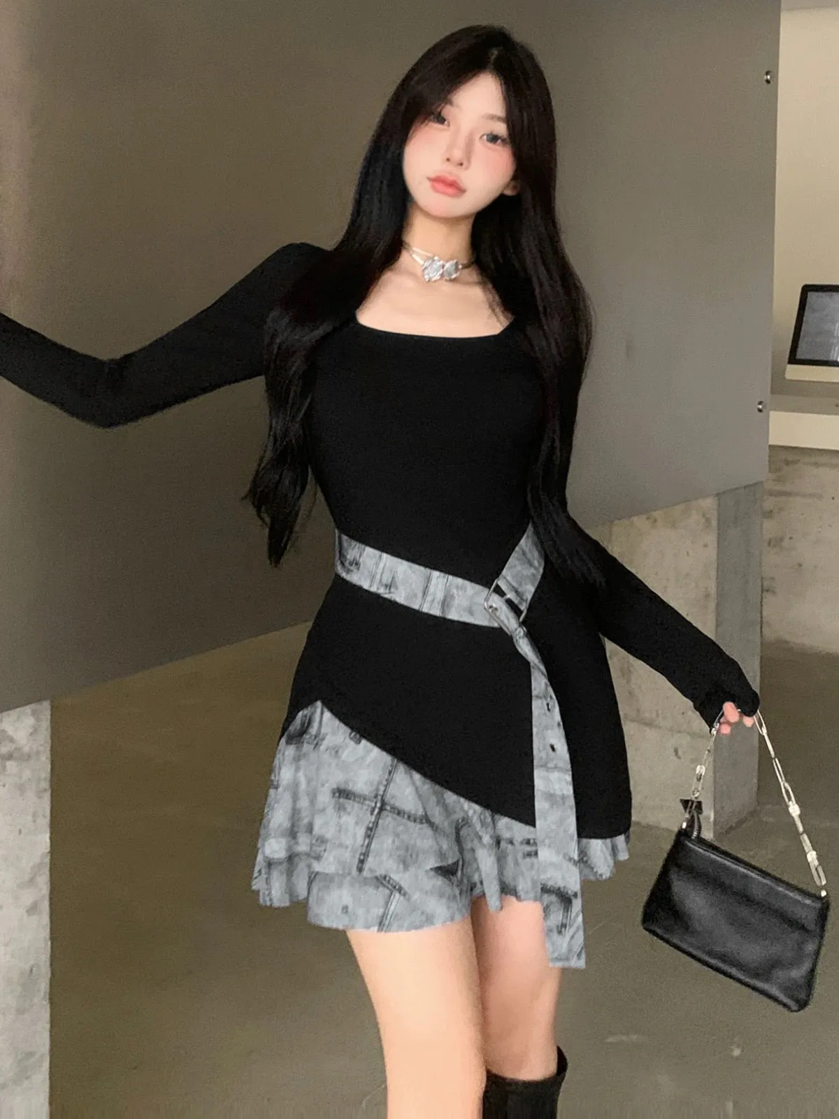 KLIOU salt style daughter style retro contrasting color splicing square neck dress feminine waist slimming hot girl short skirt