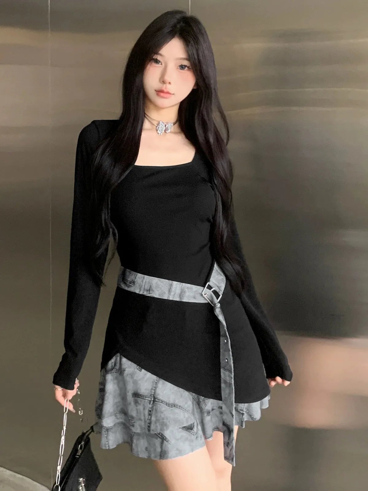 KLIOU salt style daughter style retro contrasting color splicing square neck dress feminine waist slimming hot girl short skirt