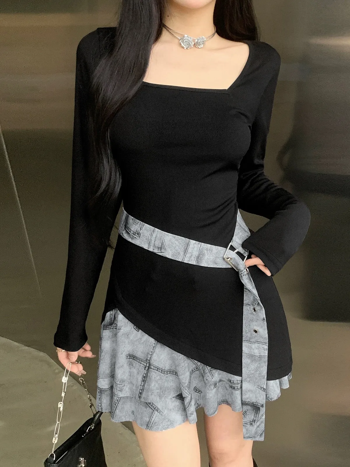 KLIOU salt style daughter style retro contrasting color splicing square neck dress feminine waist slimming hot girl short skirt