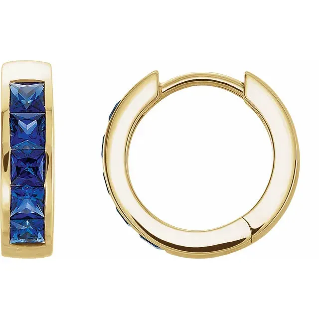 Lab Grown Blue Sapphire Princess Channel Set Huggies Hoop Earrings