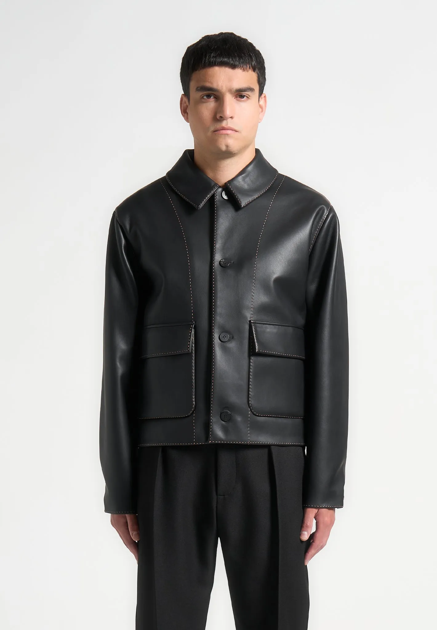 Leather Contrast Stitch Jacket - Black