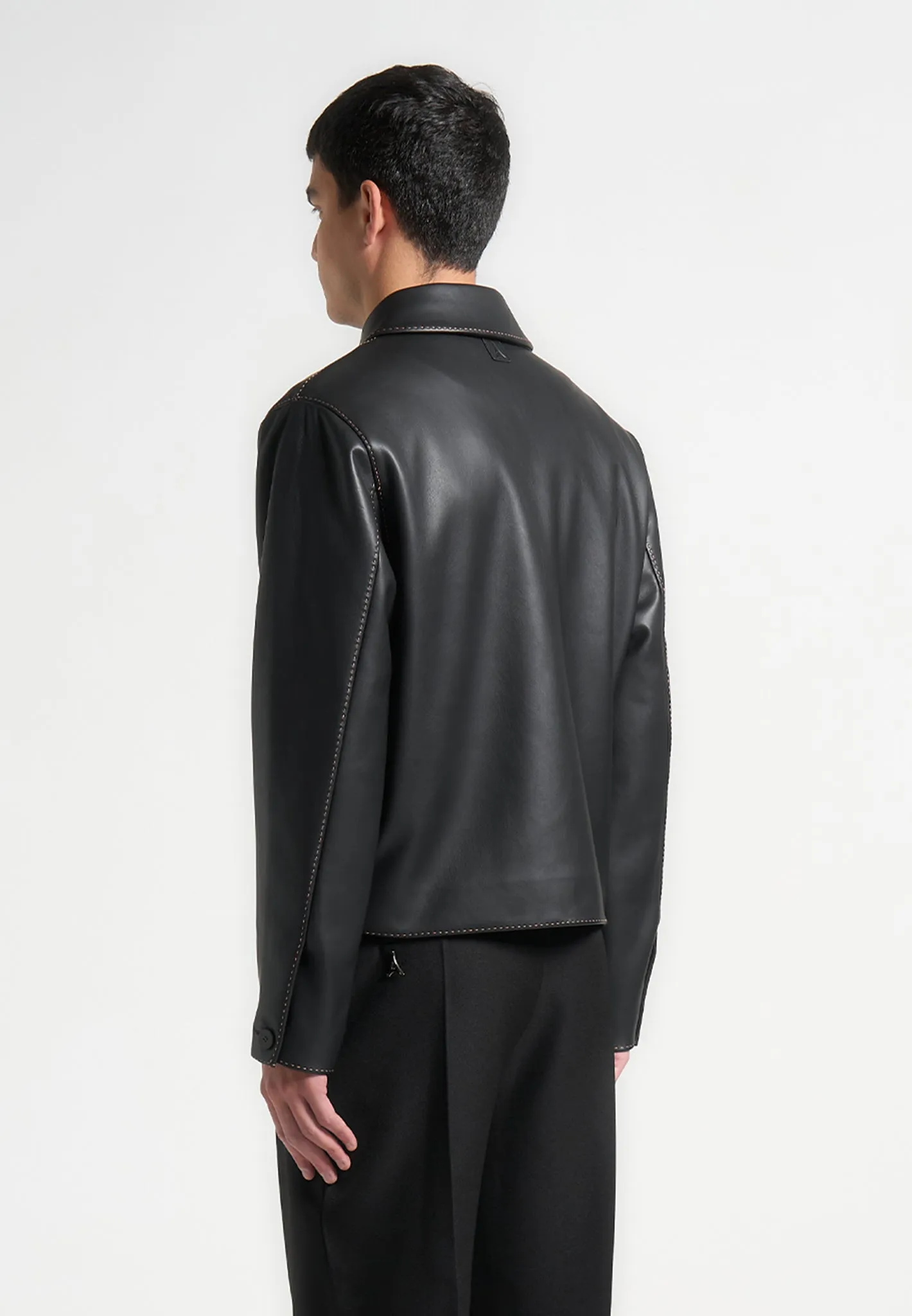 Leather Contrast Stitch Jacket - Black