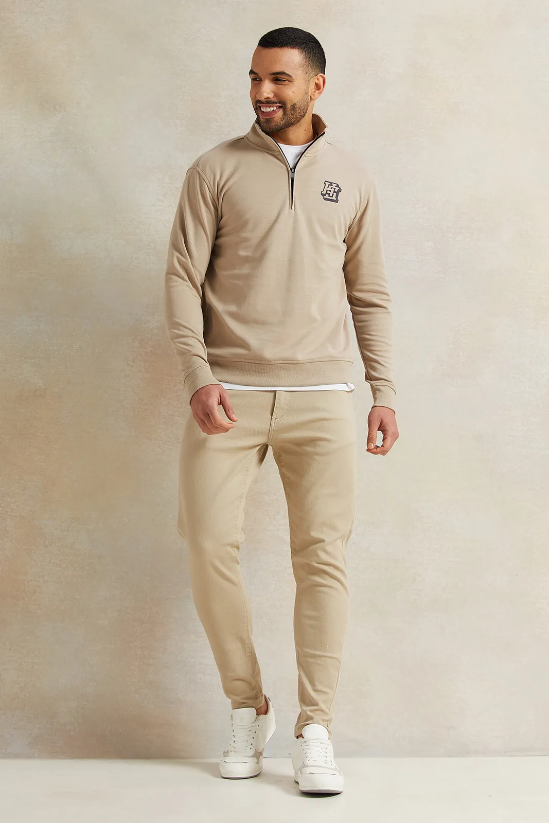 Men Beige Half Zipper Sweatshirt