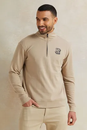 Men Beige Half Zipper Sweatshirt