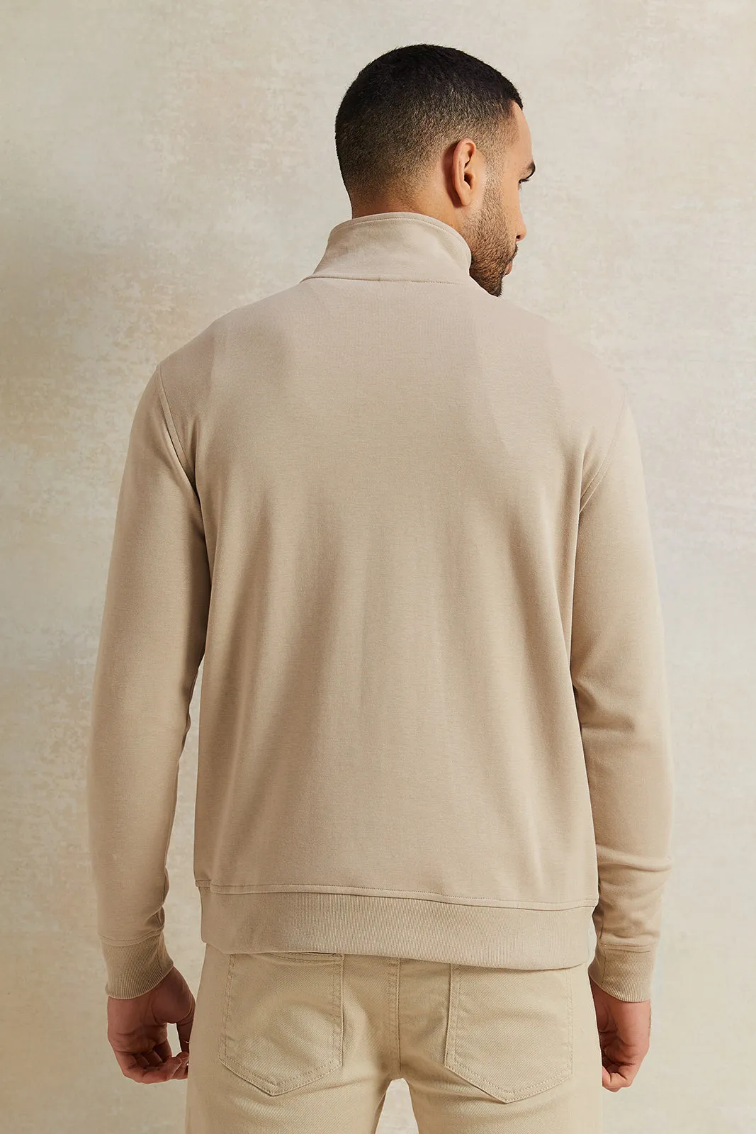 Men Beige Half Zipper Sweatshirt