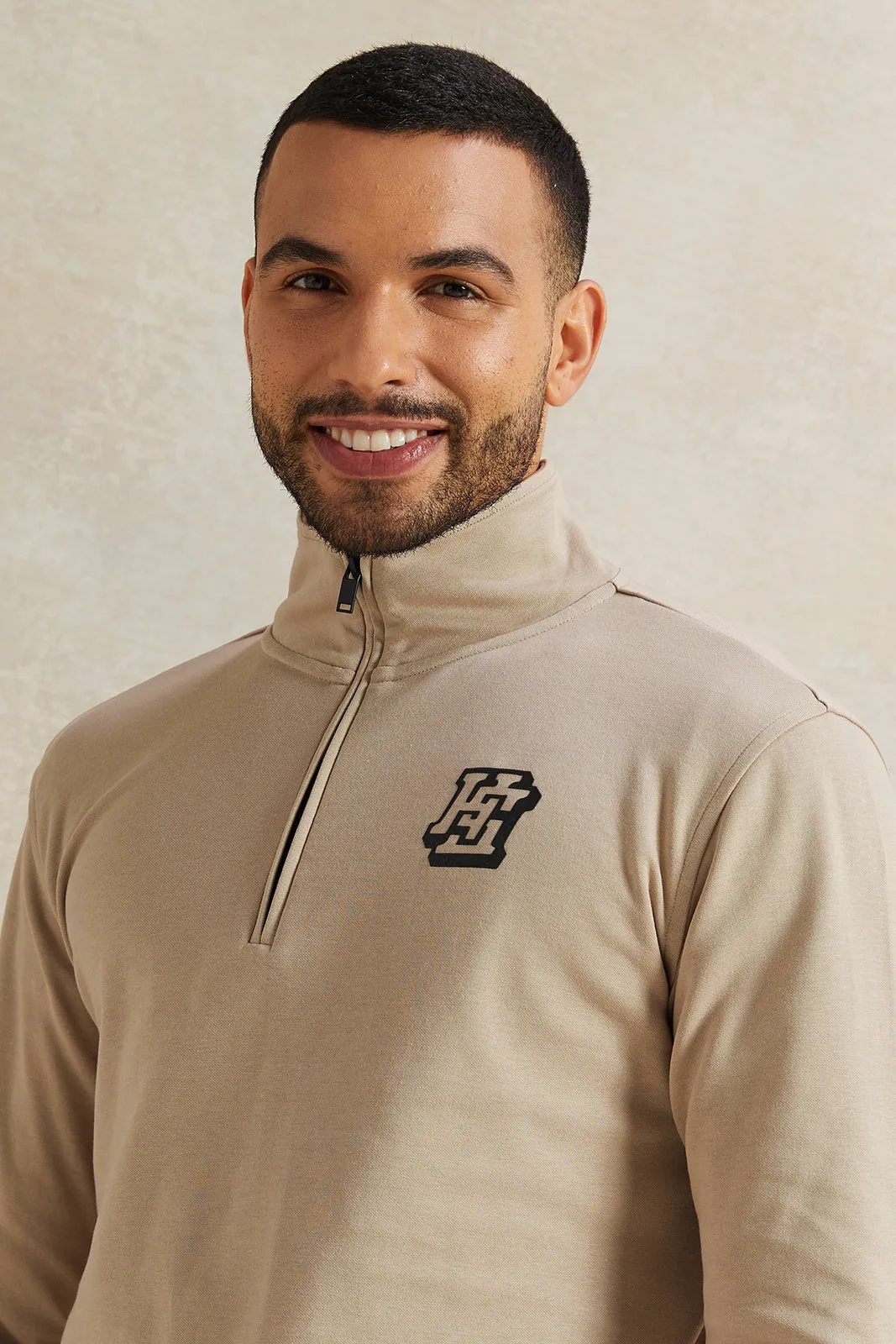 Men Beige Half Zipper Sweatshirt