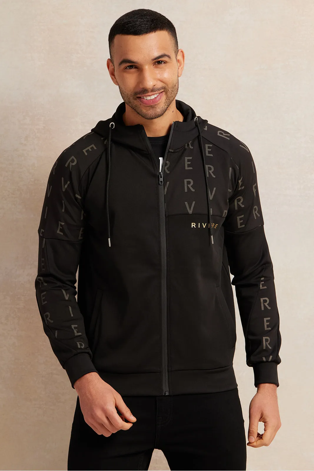 Men Black And Olive Hooded Zip Through Sweatshirt