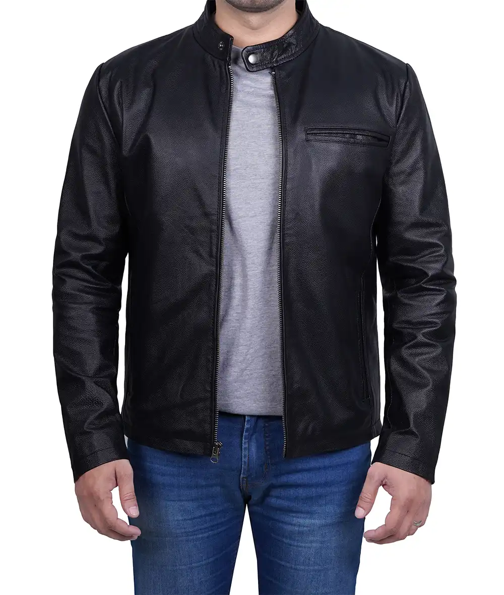 Mens Black Cafe Racer Cowhide Leather Jacket 