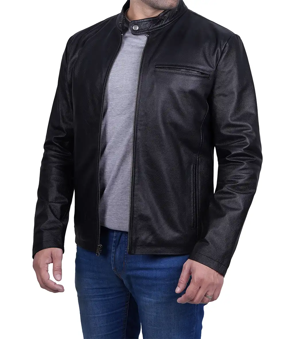 Mens Black Cafe Racer Cowhide Leather Jacket 