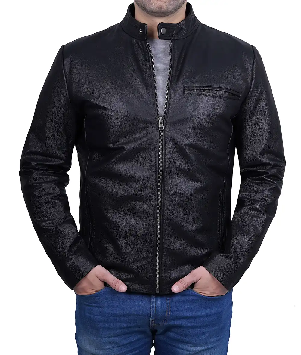 Mens Black Cafe Racer Cowhide Leather Jacket 