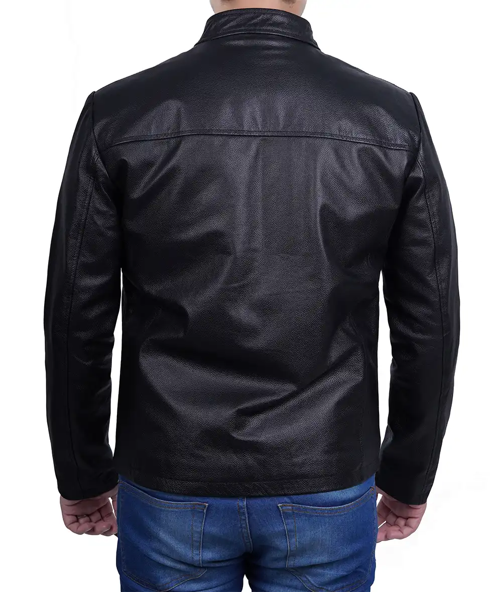 Mens Black Cafe Racer Cowhide Leather Jacket 