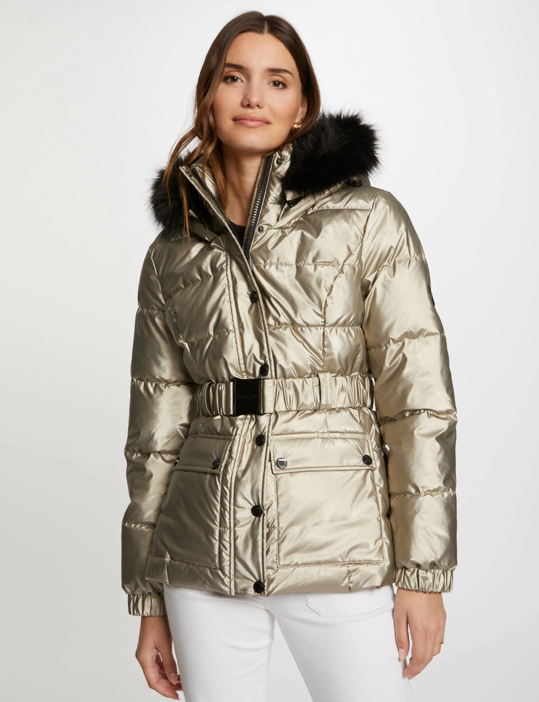 Metallised padded jacket hood gold women