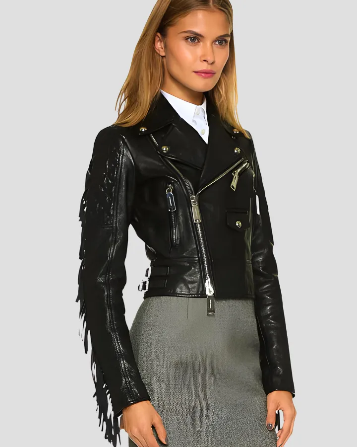 Miray Black Biker Fringes Leather Jacket