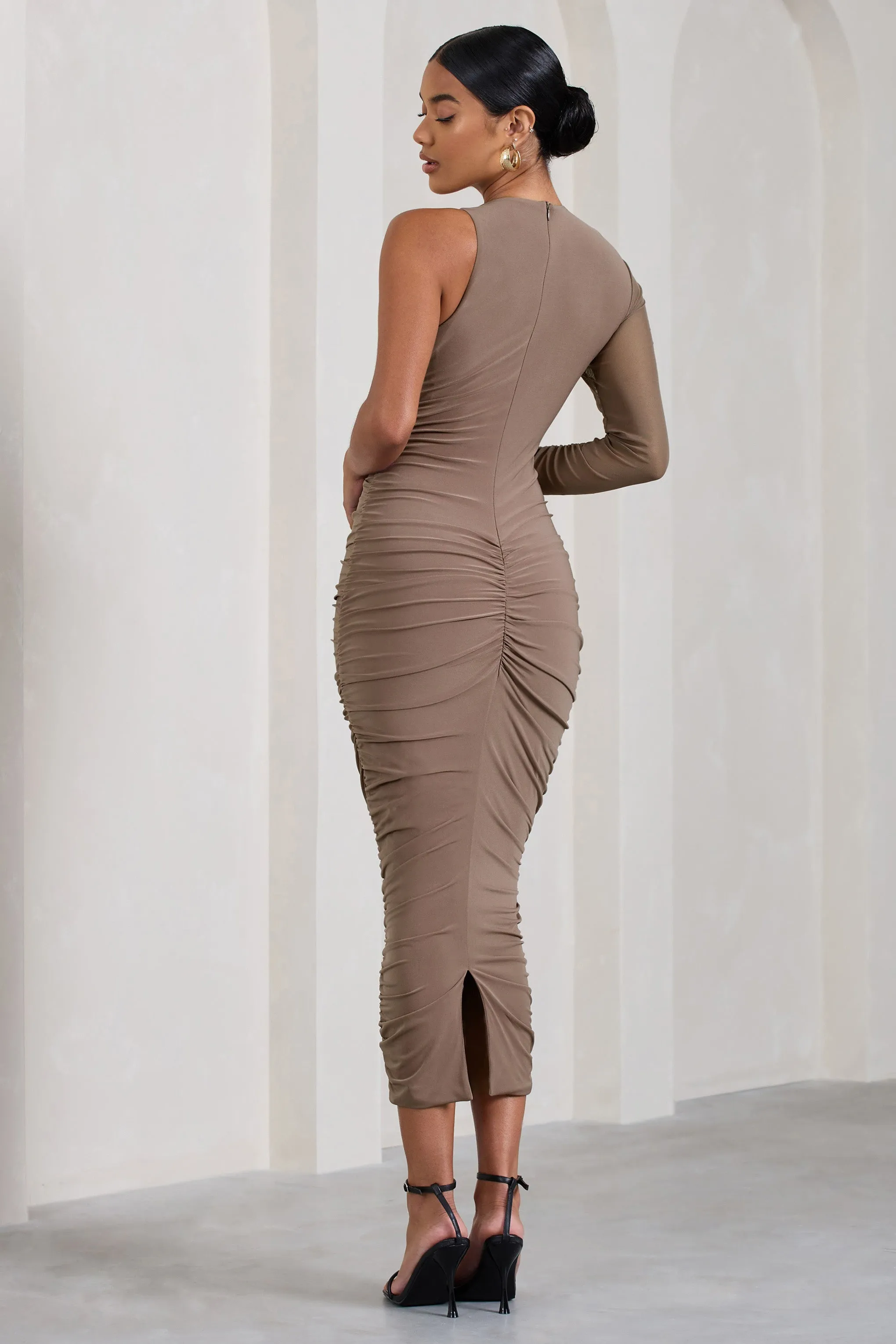 Mocha Bodycon Midi Dress with Sheer Sleeve | Luciene